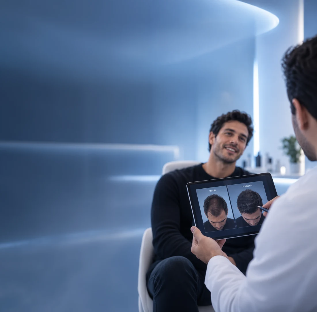 Un médico conversa con un paciente y le muestra imágenes de su cabello en una tableta