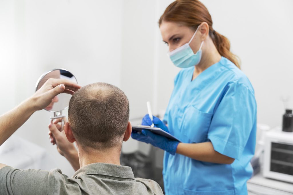 Especialista evaluando a paciente para explicar los beneficios del trasplante de cabello y qué es la cirugía capilar