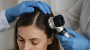 Médico especialista realizando una inspección capilar con dermatoscopio a una paciente con signos de alopecia androgénica femenina durante su evaluación clínica, dentro de un estudio sobre cómo se cura la alopecia areata en mujeres.