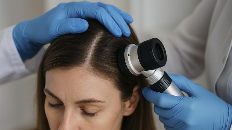 Médico especialista realizando una inspección capilar con dermatoscopio a una paciente con signos de alopecia androgénica femenina durante su evaluación clínica, dentro de un estudio sobre cómo se cura la alopecia areata en mujeres.